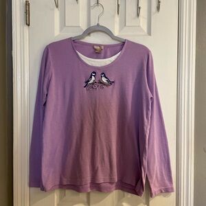 Vintage White Stag Embroidered Bluebirds On Branch Lilac Long sleeve Shirt Sz L